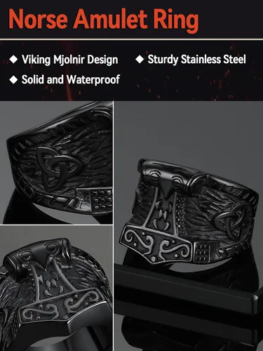 Vista 4 de FaithHeart Norse Viking Jewelry - Anillo de acero inoxidable de guerrero para hombre con diseño vikingo de cabeza de lobomartillo de Thor