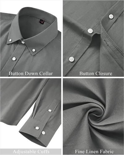 Vista 5 de J.VER Camisa de lino para hombre, casual, ligera, de manga larga, cuello con botones, color liso, para la playa, para el trabajo de vacaciones