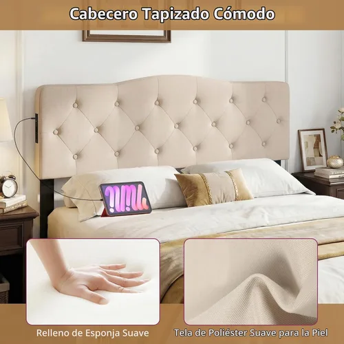 Vista 7 de GIANTEX - Cabecera con estación de carga, tamaño Queen/Matrimonial, tapizada con botones y 2 salidas de CA, puerto USB y tipo C, patas de madera