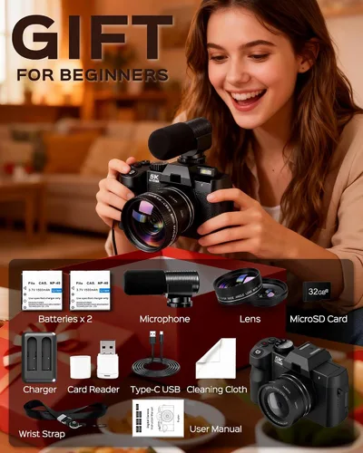 Vista 7 de Cámara digital 5K para fotografía con WiFi 48MP cámara de vlogging para principiantes con pantalla abatible, gran angular y lente macro, micrófono