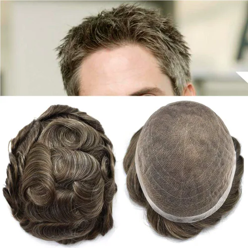 Vista 20 de Sistema de cabello para hombre, encaje francés suave, pieza de cabello humano real, nudos blanqueados, cabello frontal, tupé para hombres