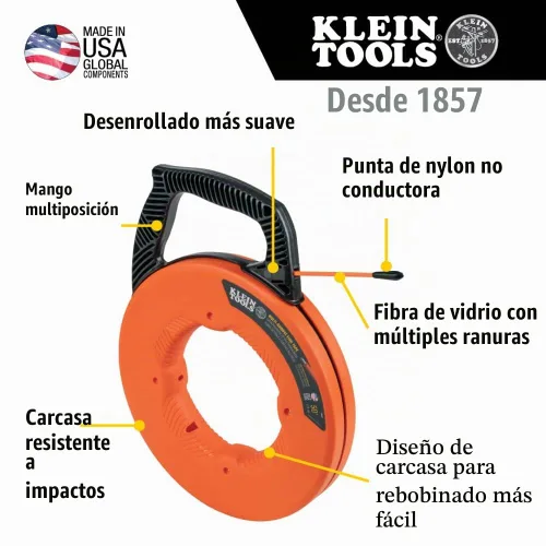Vista 2 de Klein Tools 56383 - Cinta eléctrica no conductora para pesca, extractor de alambre de fibra de vidrio multi ranura, punta de nylon, carcasa y mango
