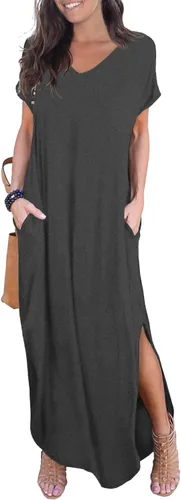 Vista 27 de GRECERELLE - Vestido largo para mujer, holgado, con bolsillos, manga corta y abertura lateral, estilo informal Verde militar