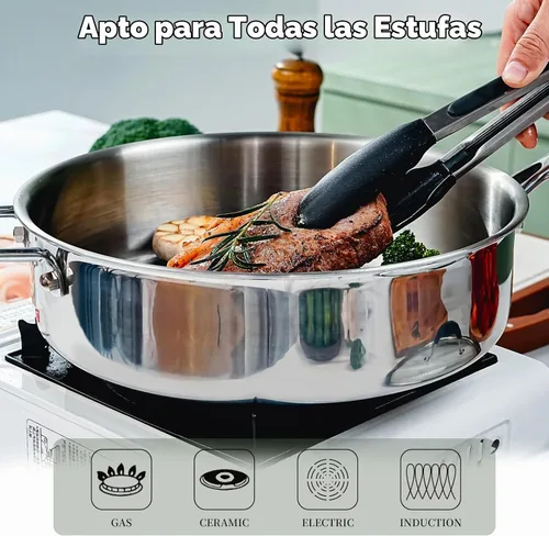 Vista 3 de SLOTTET Sartén de acero inoxidable de tres capas con vapor, sartén profunda de 5 cuartos de galón con tapa y mango para mantenerse fresco, sartén