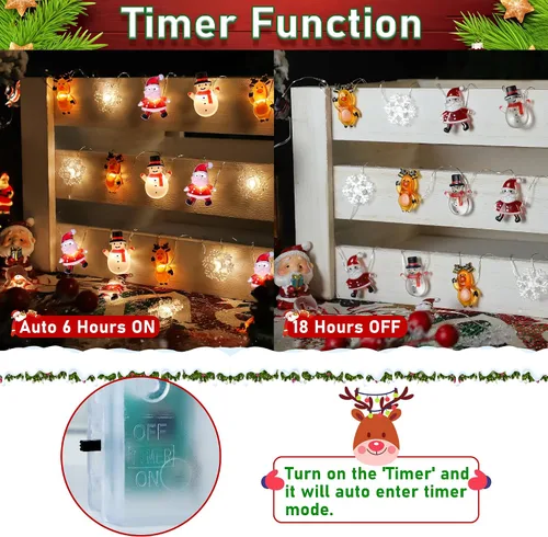 Vista 6 de [Temporizador] Luces de Navidad a pilas de 10 pies de Papá Noel, alce, copo de nieve, luces para decoración de árboles en interiores y exteriores