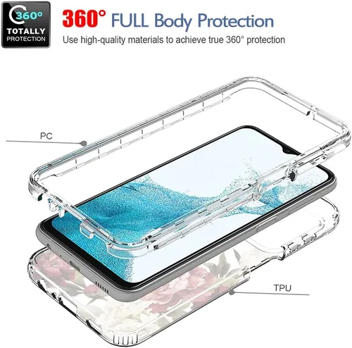 Vista 3 de Funda para Galaxy A23, SM-A235M con protector de pantalla de vidrio templado, bonito patrón floral transparente de cuerpo completo, funda protectora