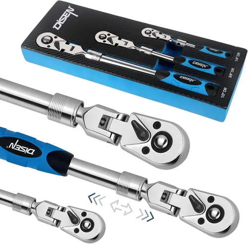 Vista 12 de DISEN Juego de 3 Llaves de Trinquete Extensibles, Impulso de 1/4" 3/8" 1/2", 72 Dientes, Liberación Rápida, Llaves de Vaso con Impulso Reversible