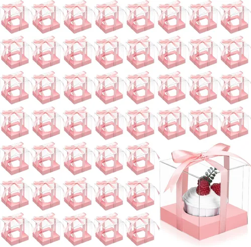 Vista 13 de Thenshop 50 cajas transparentes para cupcakes individuales de 3.5 pulgadas, cajas individuales de plástico para cupcakes con insertos y cinta
