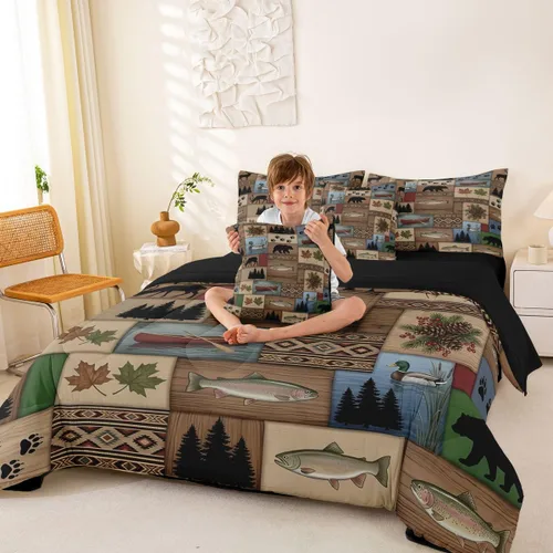 Vista 99 de Feelyou Juego de edredón de ciervo con sábanas – Tamaño Queen 7 piezas Juego de ropa de cama infantil de caza rústica – Cama de ciervo de cabaña