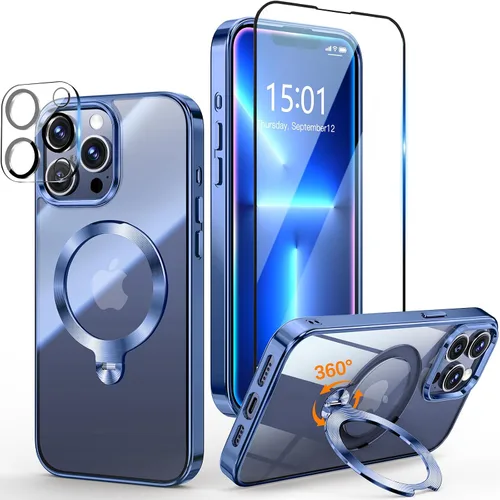 Vista 24 de [Protección Tri-Shield] Funda para iPhone 13 Pro con soporte giratorio de 360° compatible con MagSafe [anillo magnético de CD)