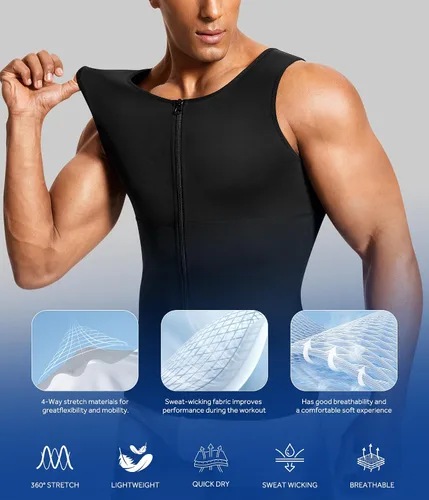 Vista 5 de Camiseta de compresión para hombre, chaleco moldeador de cuerpo, sin mangas, con cremallera, camiseta sin mangas, faja moldeadora para el estómago