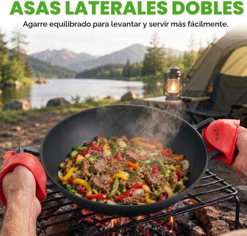 Vista 5 de NutriChef Wok de hierro fundido de 14 pulgadas con tapa de madera, Kadai pre-sazonado para freír con asas de bucle, compatible con múltiples estufas