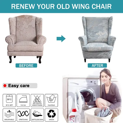 Vista 6 de Wingback - Funda elástica para silla, 2 piezas, con respaldo de ala, funda protectora de muebles impresa, suave con parte inferior elástica