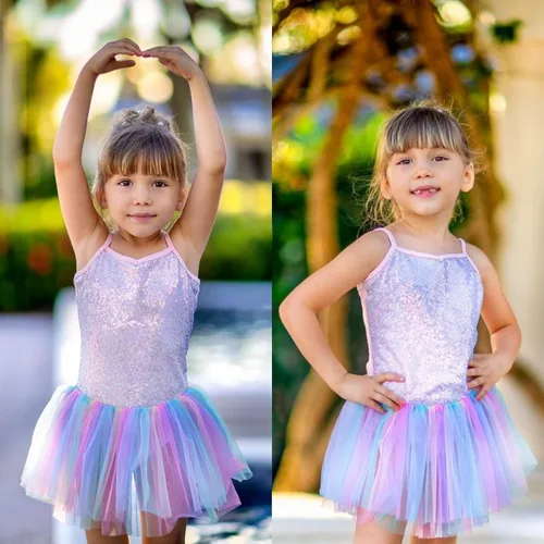 Vista 8 de Zaclotre Leotardo de lentejuelas para niñas pequeñas, leotardos de ballet con correa brillante, vestido tutú, traje de bailarina, disfraz de baile