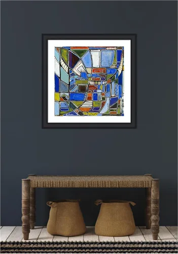 Vista 4 de Kate and Laurel Lienzo decorativo enmarcado para pared, diseño retro de Leah Nadeau, 27 x 27, marco estrecho negro Oliver, contemporáneo moderno