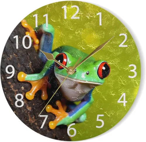 Vista 7 de Reloj de pared redondo con diseño de rana de árbol de ojos rojos, pintura al óleo silenciosa sin tictac, decorativo para el hogar, oficina, escuela