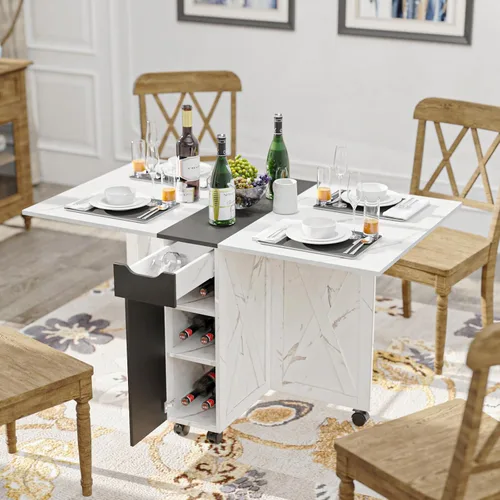 Vista 9 de 3imothrix Mesa de comedor plegable, mesa de comedor con cajón y almacenamiento y estantes, mesa de comedor que ahorra espacio con 6 ruedas, mesa