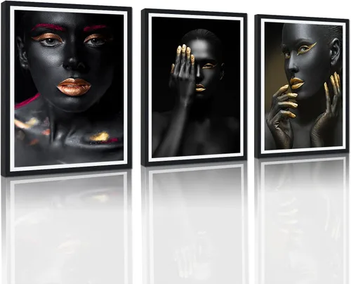 Vista 33 de MAMAGO Lienzo decorativo para pared, pintura de belleza dorada y negra, fotos de mujeres africanas, hermosos pósteres de mujer negra, impresiones