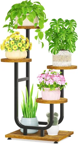 Vista 24 de LASZOLA Soporte para plantas de 5 niveles alto de madera y metal para interiores para macetas de servicio pesado, estante vertical grande