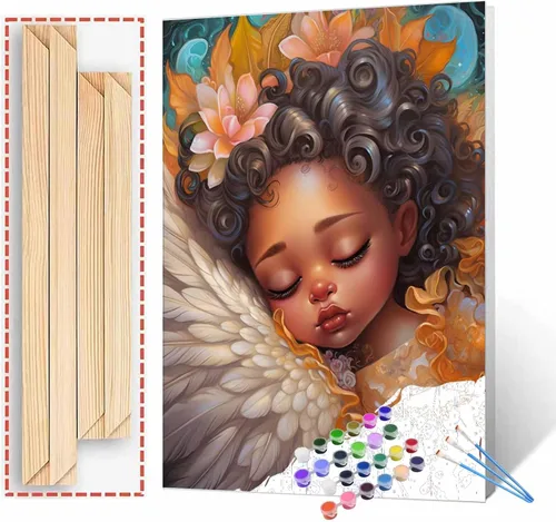 Vista 17 de Tucocoo Pintura de bebé durmiendo por número para adultos y niñas africanas, pintura por número para niños, estilo de moda, pintura moderna