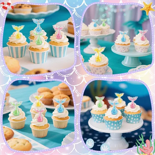 Vista 7 de 24Pcs Mermaid Tails Cupcake Ring Toppers Under the Sea Cupcake Topper for Mermaid theme Birthday Party Cake Decorations Baby Shower Weeding