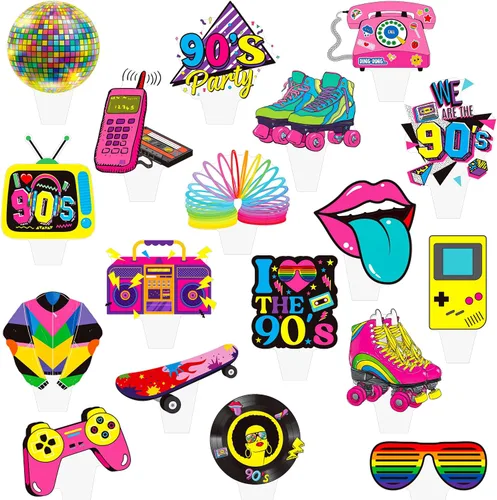 Vista 2 de 48 decoraciones de fiesta de los años 90, temática retro de los años 90, decoración de pasteles de fiesta de los años 90, suministros de fiesta