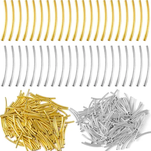 Vista 8 de PAGOW 200 cuentas de tubo, cuentas curvadas de fideos de 0.98 pulgadas, cuentas espaciadoras doradas y plateadas para hacer joyas, collares