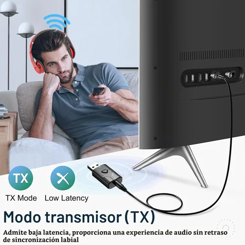 Vista 3 de Receptor de transmisor USB Bluetooth 5.0, adaptador de audio inalámbrico 2 en 1 Adaptador Blutooth auxiliar de 0.138 in, micrófono