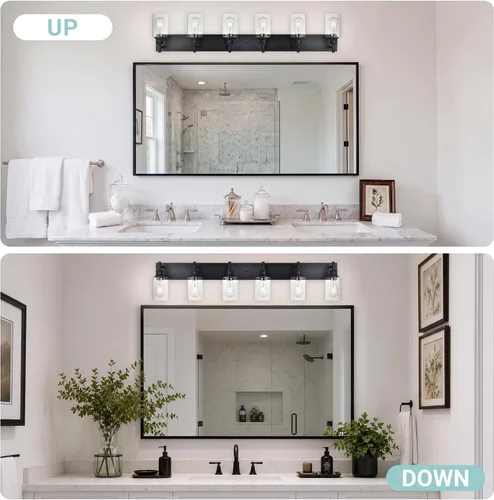 Vista 6 de Lámpara de tocador de baño negra de 6 luces con pantallas de vidrio Negro - Pantalla de vidrio transparente