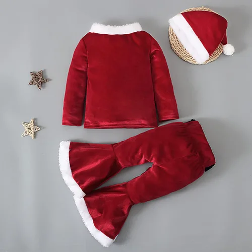 Vista 3 de Conjunto de 3 piezas de disfraz de Papá Noel para niña, de Navidad, con parte inferior acampanada, pantalones de terciopelo