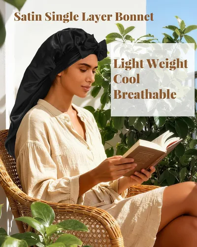 Vista 2 de AWAYTR - Gorro de satén para trenzas y cabello largo durmiendo para mujeres Long Satin Sleep Cap With Adjustable Tie Band, Protecting Braids Curly