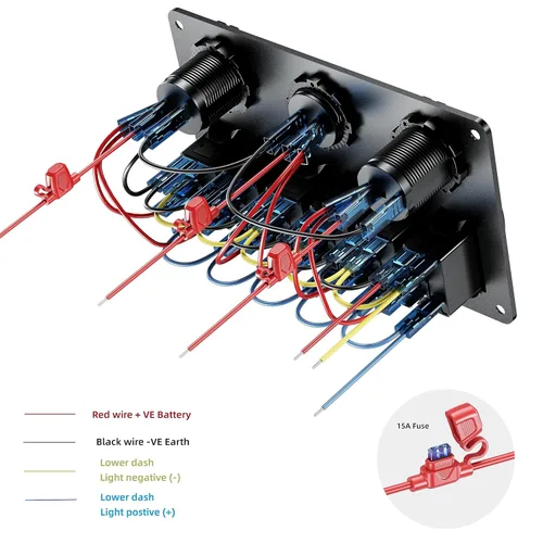 Vista 5 de Interruptor de roker de barco marino impermeable, panel de aluminio de 6 cuadrillas con cargador de coche USB dual DC12-24V 36W y voltímetro digital