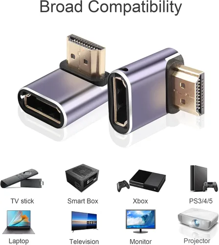Vista 6 de Adaptador HDMI de 90 grados 8K, paquete de 2 adaptadores de ángulo recto HDMI 2.1 macho a hembra de 48 Gbps compatible con 8K @60Hz, 4K @120Hz, HDR