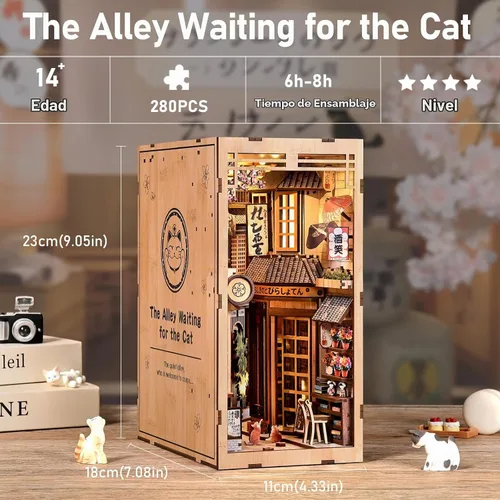 Vista 2 de Kit de rincón de libros, rompecabezas de madera 3D con luz LED, modelo de casa en miniatura de callejón callejón japonés, decoración creativa