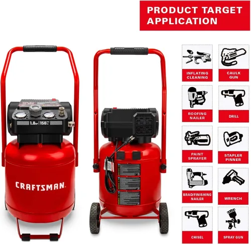 Vista 3 de CRAFTSMAN Compresor de aire de 10 galones, pico de 1.8 HP, presión máxima de 150 PSI, compresor de aire portátil sin aceite con rueda, compresor