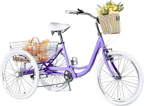 Vista 10 de Triciclos para adultos de 7 velocidades para adultos, bicicletas de 3 ruedas de 20/24/26 pulgadas con cesta delantera y trasera, triciclo