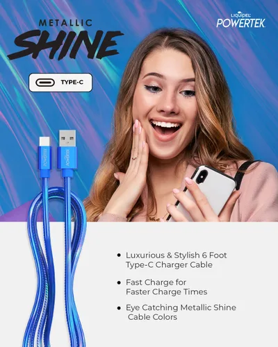 Vista 6 de LIQUIPEL Powertek Metallic Shine - Cable de carga USB tipo C, cable USB C de carga rápida de 6 pies, adaptador para automóvil, Galaxy, Android