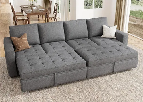 Vista 28 de HONBAY Sofá cama modular modular con cama extraíble, sofá en forma de L con asiento de almacenamiento, sofás seccionales para sala de estar, beige