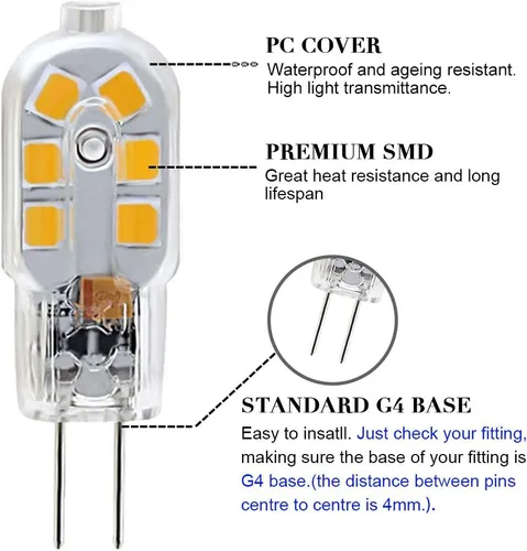 Vista 3 de Bombilla LED G4, reemplazo de bombilla halógena de 20 W, base de dos pines G4 de 2 W, AC/DC 12 voltios blanco cálido 3000 K, no regulable, paquete