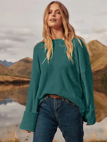 Vista 39 de LOGENE Suéter de gran tamaño para mujer, cuello redondo, manga larga, suave, mullido, suéter de punto 2025 para otoño e invierno