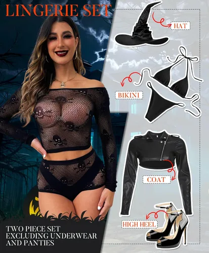 Vista 4 de XIUSEMY Conjunto de lencería de dos piezas para mujer, conjunto de red de calavera y bragas para Halloween