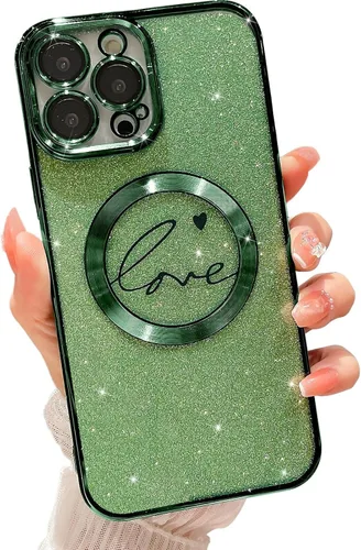 Vista 9 de Funda magnética con purpurina compatible con iPhone 11 Pro Max de 6.5 pulgadas, funda transparente de lujo, con diseño de corazón chapado en amor