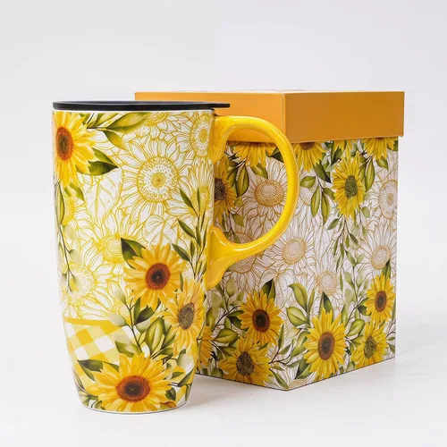 Vista 8 de Taza de cerámica Topadorn de porcelana para café con leche y té con caja de regalo, 17oz. Taza de viaje con tapa, estilo de navegación vintage