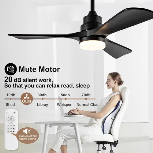 Vista 9 de Ventilador de techo de 42 pulgadas con luz, 3 aspas de madera maciza, control remoto, motor de CC silencioso reversible de 6 velocidades, ventilador