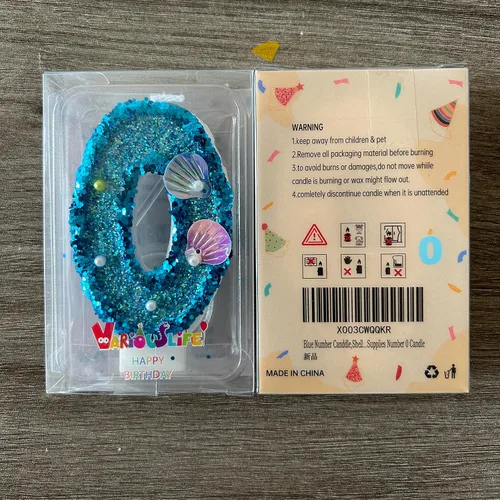 Vista 8 de Vela de número azul, velas de número con lentejuelas en forma de concha para pasteles de cumpleaños, suministros para fiestas con temática