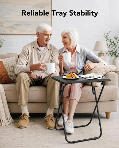 Vista 4 de HUANUO Mesa plegable para TV, mesa estable sin necesidad de montaje, bandeja de TV para comer, mesas plegables para aperitivos para cama y sofá Negro