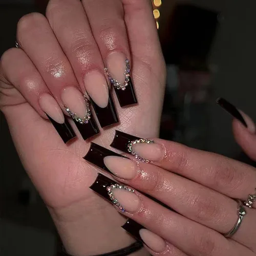 Vista 8 de Uñas postizas cuadradas extralargas a presión, uñas postizas francesas negras con pegamento con diseños de estrella, luna y llama, diamantes de Long