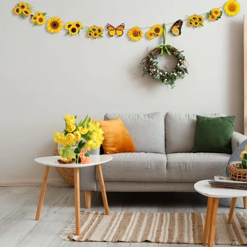 Vista 6 de Qunclay 36 piezas de decoración de árbol de girasol, adornos de madera de verano, flores amarillas de primavera, mariposa, adorno colgante de madera