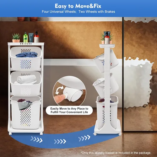 Vista 3 de Cesta de lavandería para baño, cesta de almacenamiento de ropa multicapa, cesta de lavandería de 3 niveles con ruedas, cesta clasificadora de ropa
