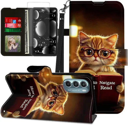 Vista 335 de Funda para Motorola Edge 2022 con protector de pantalla, soporte y tarjetero y correa para la muñeca, funda magnética para Moto Edge 2022 5G UW Lobo